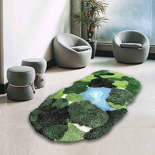 3x5 Feet 3D Moss Rug with Oval Lake Variation, Non-Slip Shag Carpet Indoor Green