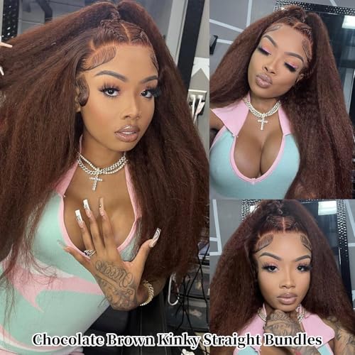 Fopeela 20 Inch #4 Kinky Straight Human Hair Bundles, 12A Brazilian Virgin Remy, Chocolate Brown
