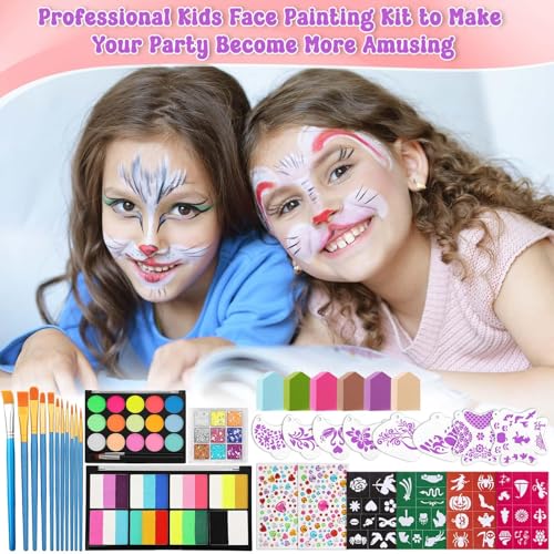 Kids Face Painting Kit with Organizer Box - Non-Toxic, Washable Party Makeup Set with Brushes, Gems & Stencils
