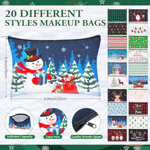 Shihanee 40 Pcs Christmas Gifts Bulk for Women 20 Pcs Christmas Canvas Makeup Bags and 20 Pairs Funny Xmas Socks Santa Snowflakes Snowman Reindeer Cosmetic Bags and Sock for Adults Coworker Employee