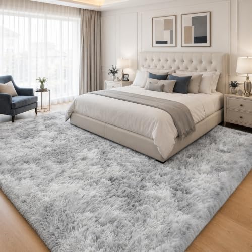 Tie-dyed Light Grey Fluffy Area Rug 8x10 for Living Room & Bedroom - Non-Slip
