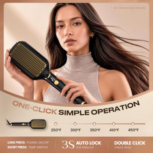 PRITECH Ionic Hair Straightener Brush Black Gold Fast Heating 20s - 5 Temp
