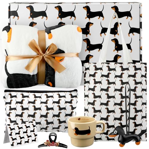8 Pcs Dachshund Gifts for Women Blankets Hair Clips Canvas Tote Bags Cosmetic Bags Pendants Mugs Gift Cards and Boxes for Dog Mom Gifts New Puppy Owners