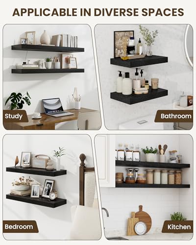 Black 55-inch Floating Wall Shelves Set of 2 with Invisible Brackets - Rustic Wood