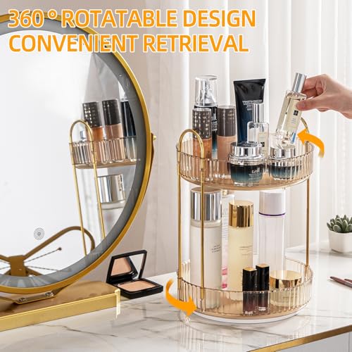 Makeup Organizer for Vanity, 360¡Æ Rotating Bathroom Organizer Countertop, High-Capacity Skincare Organizer, Spinning Cosmetics Organizer for Dresser Countertop (2 Tiers, Amber)