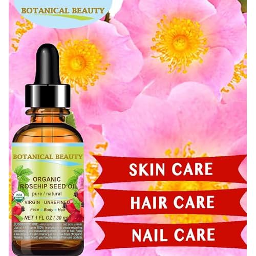 Botanical Beauty Organic ROSEHIP SEED OIL 100% Pure Natural Virgin Unrefined Cold-pressed Carrier Oil For Face, Skin, Body, Hair, Lip, Nails, Rich in vitamin C, Vitamin E, Anti-Aging (0.5 Fl Oz)