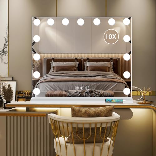 Vanity Mirror with Lights, Lighted Makeup Mirror with 15 Dimmable LED Bulbs, Hollywood Mirrors with USB Port, Detachable 10X Magnification, 3 Lighting Modes (22.8" L x 18.1" W)