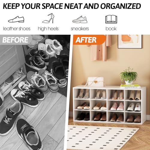 White 12-Cube 3-Tier Shoe Storage Bench Organizer for Entryway