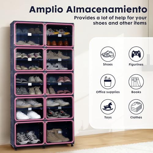 Shoe Rack Organizer for Entryway 9 Tiers 36 Pairs - Blue & Pink Folding Design