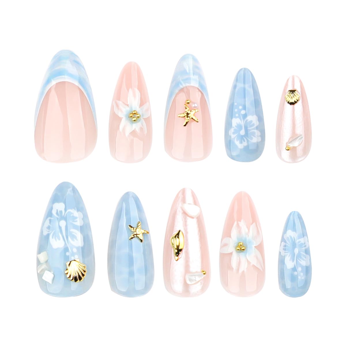 24Pcs Almond Press on Nails Medium Summer Sea Fake Nails 3D Shell Starfish Pearl Gems Designs Blue Wave Acrylic Nails Full Cover Flower Glue on Nails Ocean Theme Nail Art Decoration for Women
