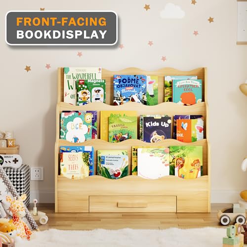 29.6-Inch Montessori Kids Bookshelf with Drawer, 3-Tier Scalloped Design for Nursery & Playroom
