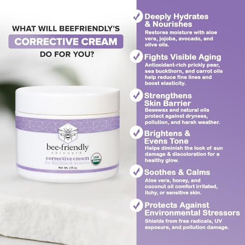 BeeFriendly Organic Corrective Cream, USDA Certified Face Moisturizer Rich Revitalizing Night Cream For Sensitive Skin Aids With Fine Lines, Wrinkles, Crows Feet, Eyes, Face, Neck 6 oz (3 Jars in box)