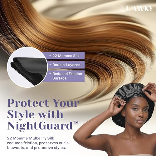 Black Mulberry Silk Bonnet for Hair - Double-Layered 22 Momme Sleep Cap with Adjustable Non-Slip Tie