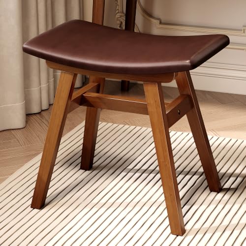 Walnut Vanity Stool with Extra-Long 19.7-Inch Seat - Solid Rubberwood Frame