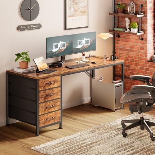 PRAISUN Rustic Brown 55 Inch Computer Desk with USB-C & Power Outlets, Reversible Gaming & Workstation with 4 Fabric Drawers