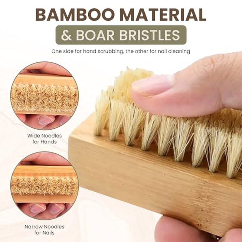 4-in-1 Exfoliating Body Scrubbers - Shower Back Brush for Women, Bristle Bamboo Brushes for Men, Dry Brushing for Lymphatic Drainage, Bath Long Handled Scrub, Cleansing Face Exfoliator, Nail Scrubber