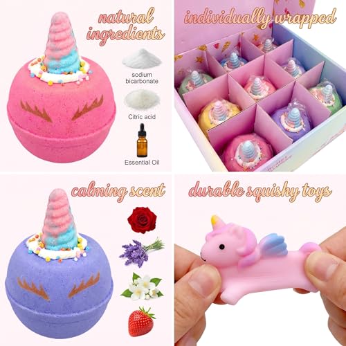 Clear&Fresh Unicorn Bath Bombs for Kids with Surprise Squishy Toys Inside - 9 Pack, New Unicorn