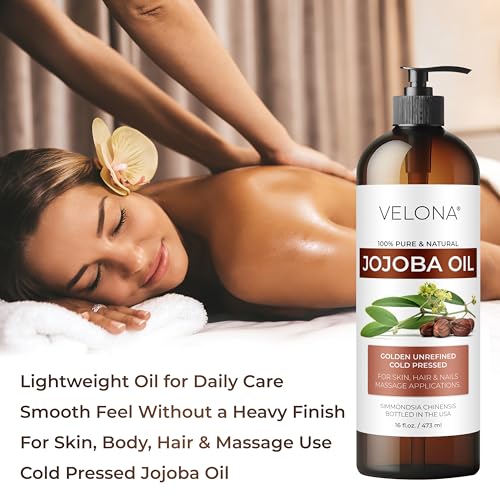 Velona Jojoba Oil 32 Fl Oz - Cold Pressed Unrefined Body & Hair Oil with Pump - Pack of 1