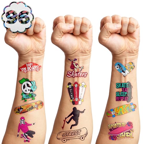 Skateboard Temporary Tattoos - Skateboarding 85 PCS Sports Themed Stickers for Kids Birthday Party Supplies, Decorations, Favors, and Prizes - Cute Gifts for Boys and Girls