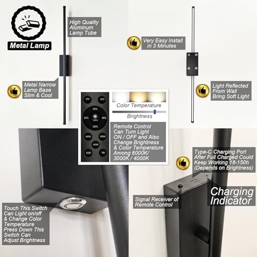 Black 28 Inch Set of 2 Battery-Operated Wall Sconces - Wireless, Dimmable, Magnetic Mount
