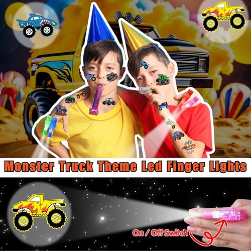 72 PCS Monster Truck Party Favors - 48 PCS Temporary Tattoos & 24 PCS LED Finger Lights Combo - Birthday Goodie Bag Fillers, Light Up Toys, Party Supplies for Kids