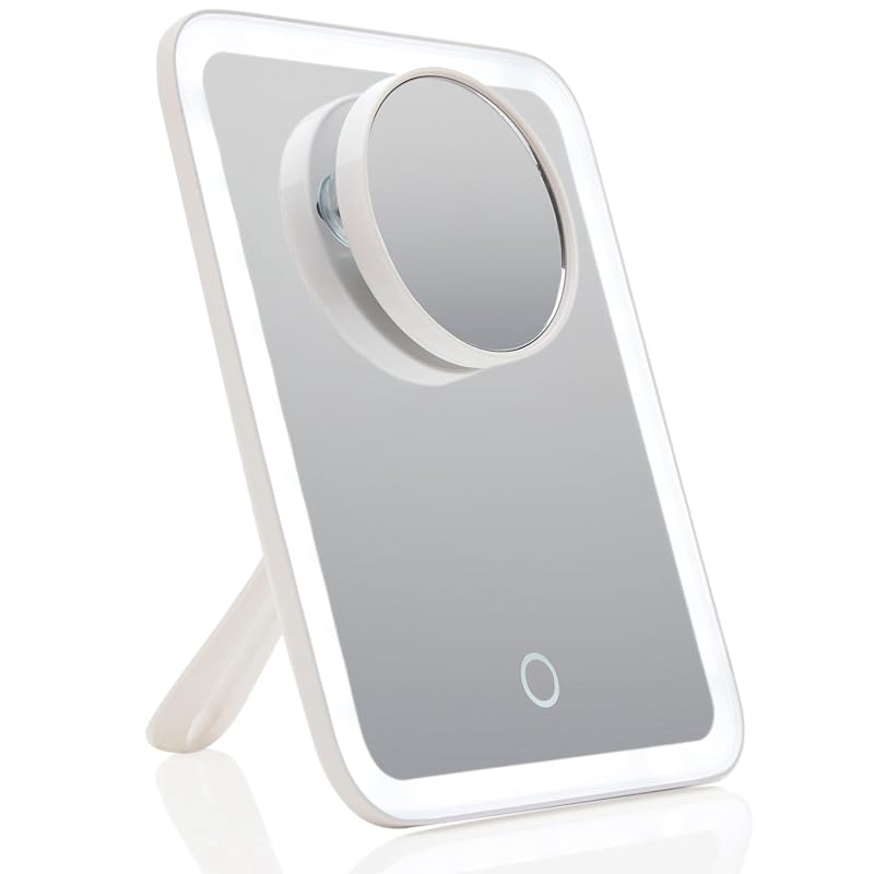 Rechargeable LED Travel Makeup Mirror with 3 Color Settings & 10x Detachable Magnifier