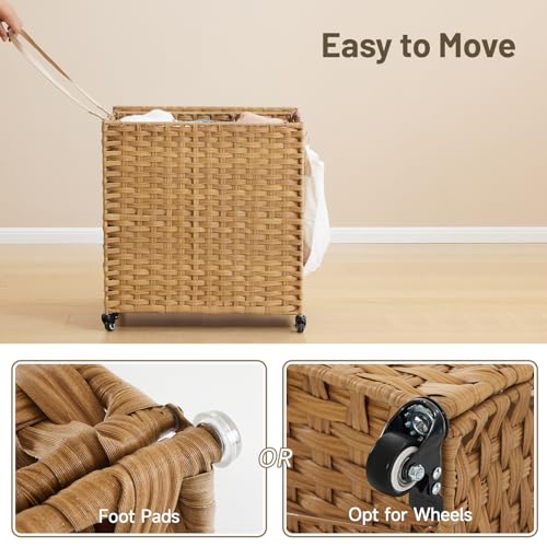 Large 39.6 Gallon Laundry Hamper with Wheels & Lid - 3-Section Rattan Basket with Removable Liners, Mesh Bags, Side Pocket - Natural, 150L