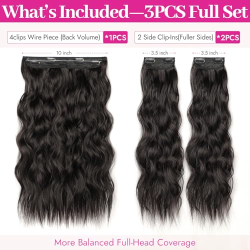 3PCS Invisible Wire & Clip-In Hair Extensions - Natural Black 22 Inch - Full Volume Set