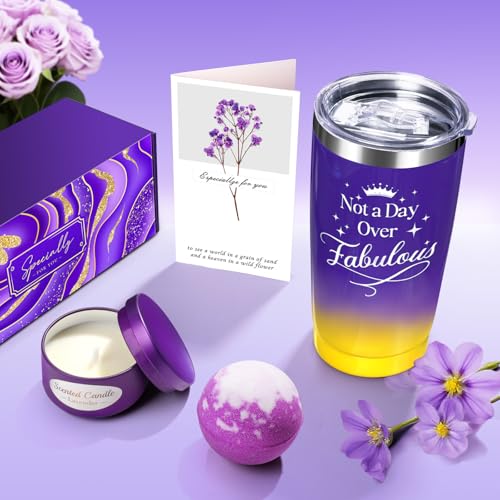 Valentines Day Birthday Gifts Set for Women Her Mom Wife Girlfriend Friend - Purple Self Care Spa Relaxation Gift Basket Set with Novelty Stainless Steel Coffee Tumbler, Lavender Candle, Bath Bomb
