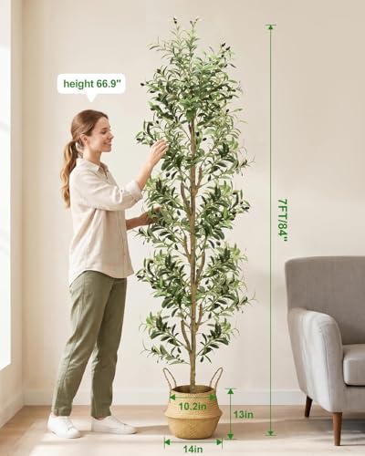 7ft Artificial Olive Tree Indoor Faux Plant with White Planter & LED Lights