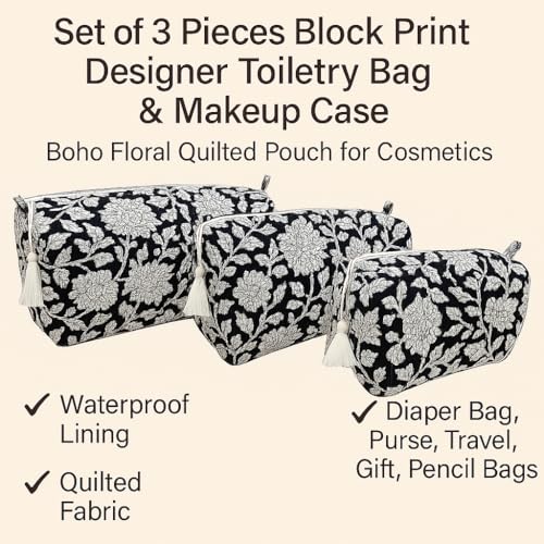 Boho Floral Quilted Toiletry & Makeup Bag Set - Model 09 - Waterproof Organizer