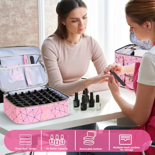Nail Polish Organizer Bag,3-layer Pink PU Leather Nail Organizer and storage,Holds 84 Bottles of Nail Polish and Nail Lamp,Large Holder Travel Carrying Case.