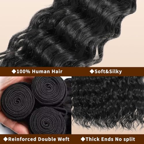 Water Wave Human Hair Bundles for Black Women - Natural Water Wave Pattern, 16/18/20 Inch, Black - Quick Weave Hair Extensions