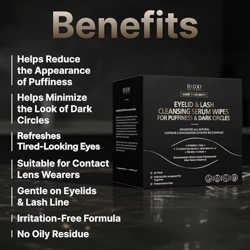 Eyelid & Lash Cleansing Serum Wipes for Puffiness Dark Circles - Gentle Eye Care, Korean Formula, 60 Sheets