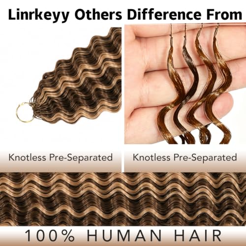 Deep Wave Crochet Hair Bundles 14 Inch Human Hair for Black Women - Honey Blonde Highlights, 120g, Feather Design