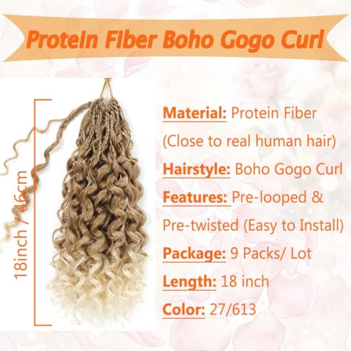Boho Gogo Curl Crochet Hair 18 Inch 9 Packs - Protein Fiber Pre-Looped Curly Extensions - 27/613 Blonde
