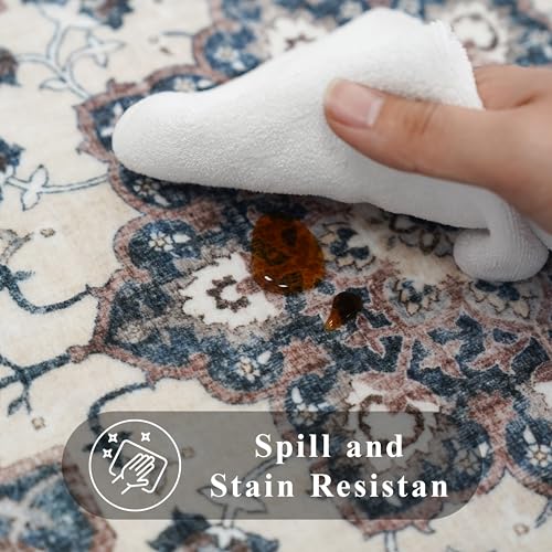 8 x 10 Blue Washable Living Room Area Rug - Stain Resistant Non-Shedding Carpet