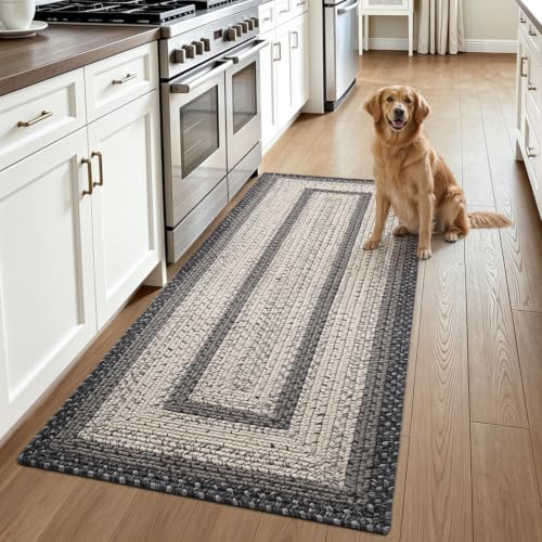 Braided Farmhouse Hallway Runner Rug 3x7 Black Ivory Non Slip Durable