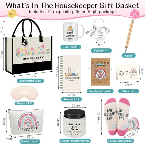 Leinuosen 12 Pcs Housekeeping Gift Set for Women Trapezoid Grocery Canvas Tote Bag with Handle Makeup Bag Mug Scented Candle Novelty Socks for Housekeeper Employees Staff Cleaning Lady Gifts