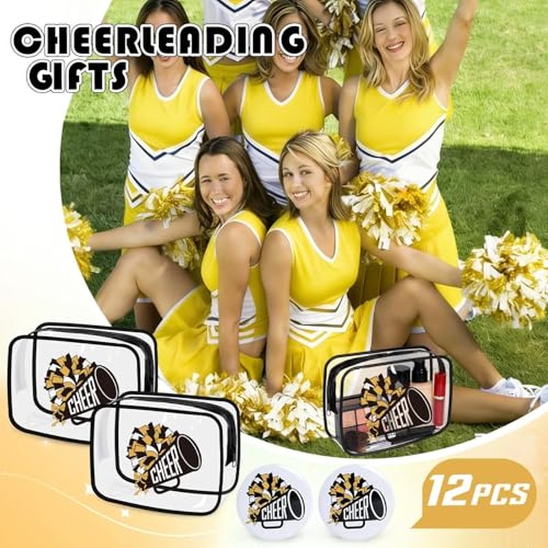 24 Pcs Cheerleader Gifts Bulk for Team 12 Cheer Makeup Bags and 12 Round Portable Mirror,7 x 4.7 x 2.4'' Cosmetic Bag for Women Party Favors Team Gifts (Black&Gold)