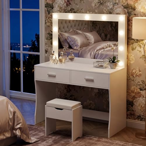 Pure White Vanity Desk with Lighted Mirror, 11 LED Lights, 2 Drawers & Stool