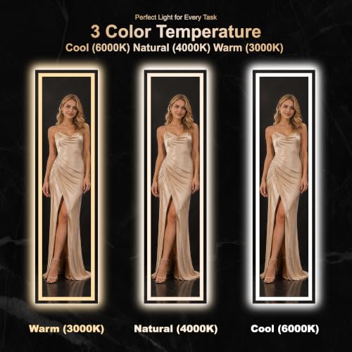 White LED Full Length Mirror 56x16 Inches with Lights, Dimmable & 3 Color Modes - Standing, Leaning, Wall Mountable Vanity Mirror