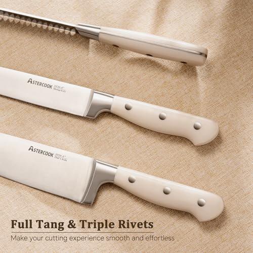 Cream White 12-Piece Kitchen Knife Set with Block & Sharpener - Full Tang Stainless Steel, Ergonomic Handles