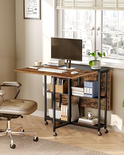 Rustic Brown Folding Dining Table with Wheels & 2-Tier Shelf - Expandable Kitchen & Living Room Furniture