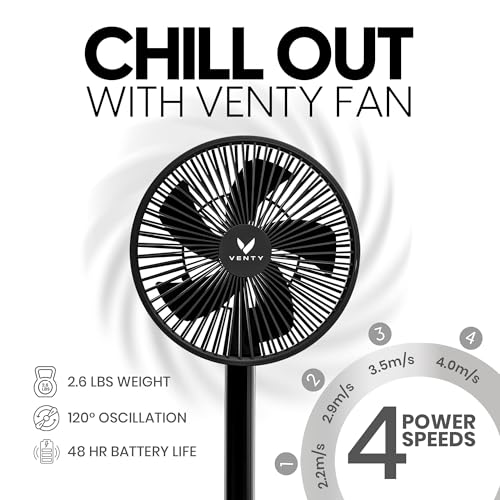 VENTY Black Portable Fan with Remote - Wireless Battery Operated Oscillating Fan with LED Lights, 4 Speeds & USB-C Power Bank