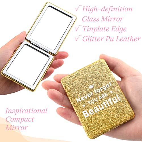 Panelee 8 Pcs Inspirational Compact Mirrors Bulk Glitter Square 1x/ 2X Double Sided Cosmetic Pocket Mirror Folding PU Leather Small Women Day Gift for Women Coworker Employee Sisterhood Party Favor