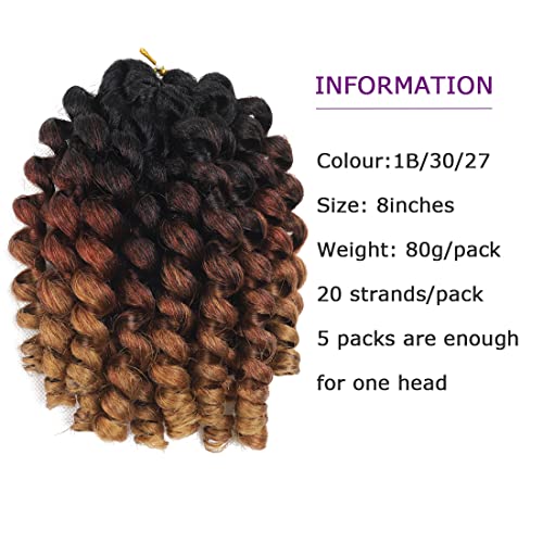 8 Inch Jamaican Wand Curl Crochet Hair - Ringlet Twist Extensions, Pack of 5, Color 1B/30/27