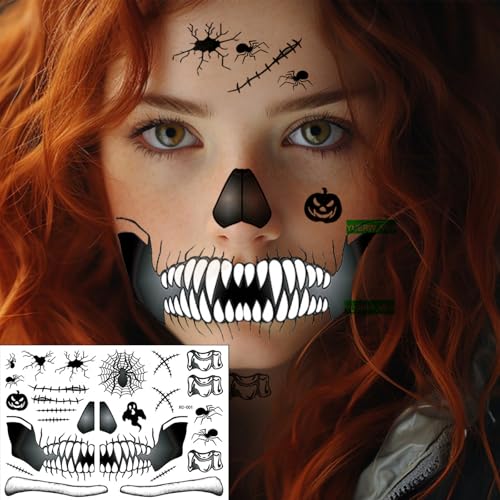 4 Sheets Scary Halloween Face Skull Decals Temporary Tattoos For Men Women Horror Skeleton Mouth Sticker Spider Web Fool's Day Zombie Bat Scar Makeup Kit for Kids Adults(KC4)