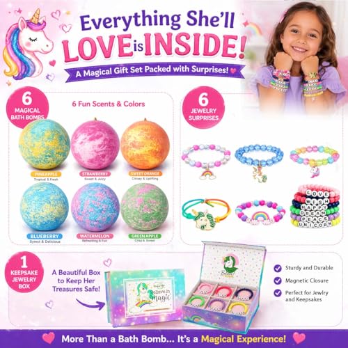 Unicorn Bath Bombs for Kids with Surprise Jewelry - 6 Pack, Organic & Scented