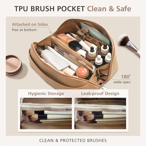 MELINE Travel Makeup Bag ? Large Capacity Cosmetic and Toiletry Organizer with Divider and Handle, Waterproof Flat-Open Design, Portable Pouch for Women (Taupe)